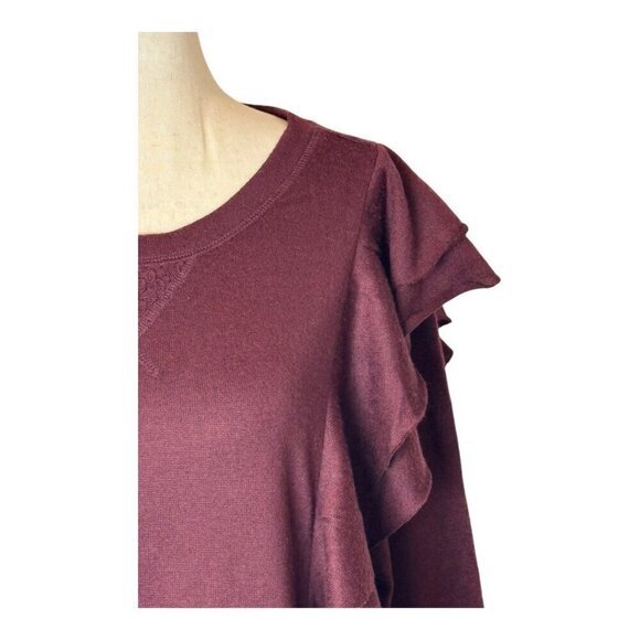 NYDJ Sweater Women Small Burgundy Knit Ruffle Front Crew Neck Pullover - Picture 5 of 11